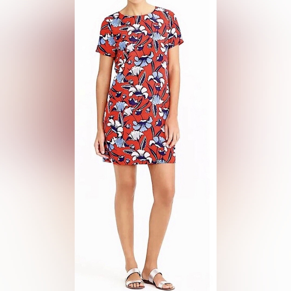 J. Crew Red Blue Floral Print Short Sleeve Dress
